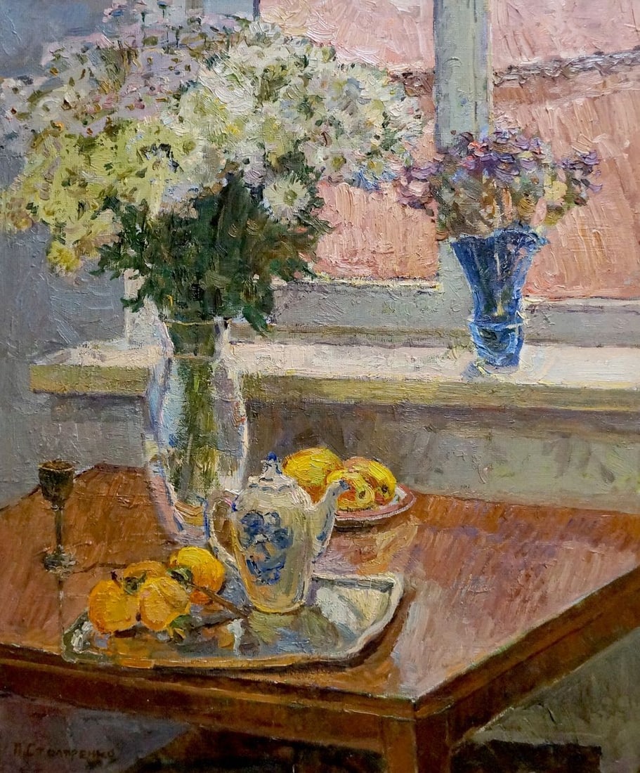 Oil painting Flowers by the window Peter Kuzmich Stolyarenko: Title: Oil painting Flowers by the window Peter Kuzmich Stolyarenko Description: ?Vern 741 *** ABOUT THIS PAINTING *** * TITLE: "Flowers by the window" * ARTISTS: Peter Kuzmich Stolyarenko * SIZE: 50x