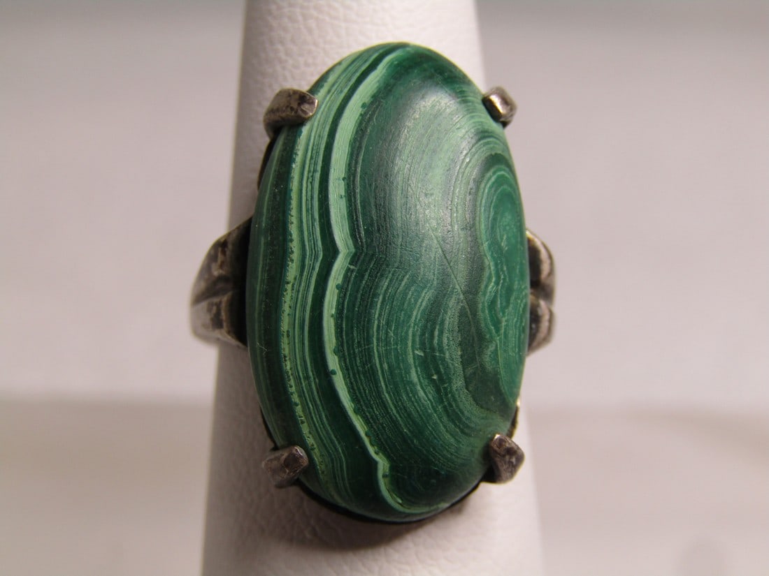 Vintage Sterling Malachite Ring, Southwestern, Sz. 5.5, 1960's-1970's, Signed: Title: Vintage Sterling Malachite Ring, Southwestern, Sz. 5.5, 1960's-1970's, Signed Description: Vintage Sterling Malachite Ring, Southwestern, Sz. 5.5, 1960's-1970's, Signed with what looks like a k