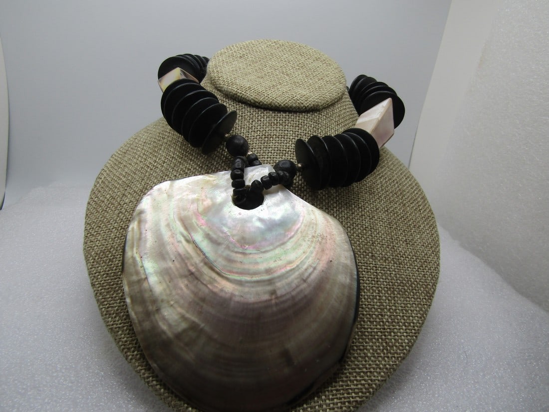 Vintage Tribal Shell & Wood Bead Necklace, 23", 1960's-1970's (1 of 9)