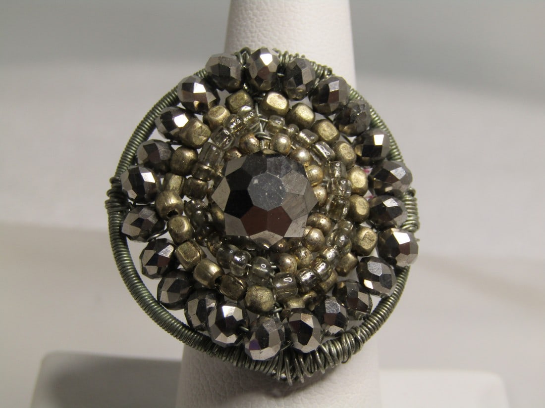 Vintage Hematite Beaded Long Ring, Adj. Sz. 7-11. Boho, 1980's-1990's: Title: Vintage Hematite Beaded Long Ring, Adj. Sz. 7-11. Boho, 1980's-1990's Description: Vintage Hematite Beaded Long Ring, Adj. Sz. 7-11. Boho, 1980's-1990's. Wire wrapped frame with a 9mm faceted h