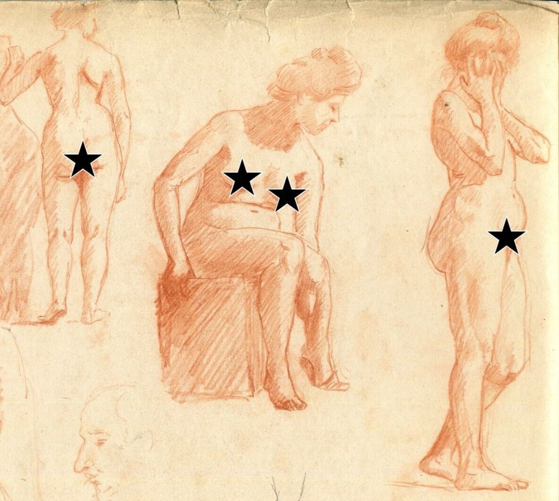 Antique Old Pencil Drawing Original Figure Women Red Pencils 1901 (1 of 9)