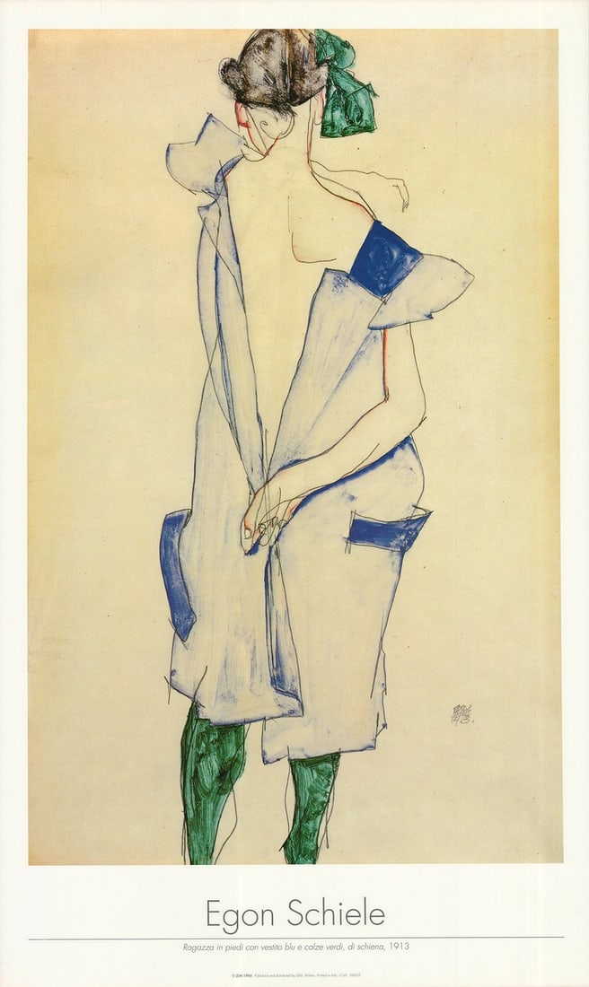 Egon Schiele - Girl Standing in Blue Dress and Green Stockings, Back View - 1994 Offset Lithograph: Lot Title: Egon Schiele - Girl Standing in Blue Dress and Green Stockings, Back View - 1994 Offset Lithograph 39.5" x 23.75" Artist: Egon Schiele Title: Girl Standing in Blue Dress and Green Stockings