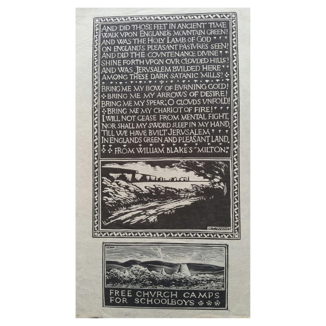 English Antique Woodcut Engraving, William Blakes's Milton, 1931: Title: English Antique Woodcut Engraving, William Blakes's Milton, 1931 Description: Woodcut Engraving of John Bunyan's hymn "Who Would True Valour See" with a decorative surround frieze of images, of