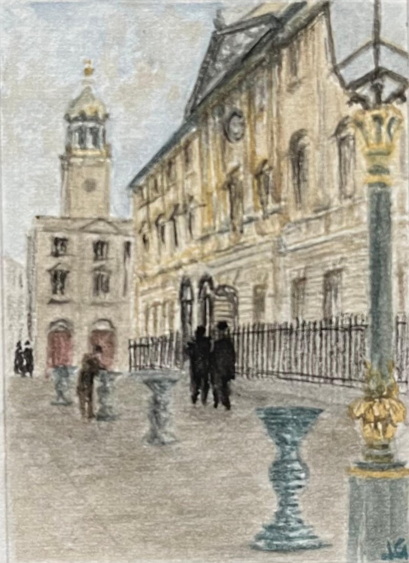 Jack Grunwell; Historic Miniature Watercolor of Corn Street and The Nails in Bristol: Title: Jack Grunwell; Historic Miniature Watercolor of Corn Street and The Nails in Bristol Description: Title: Four Miniature Watercolor of Landmarks Christmas Steps and St John on the Wall by Jack G