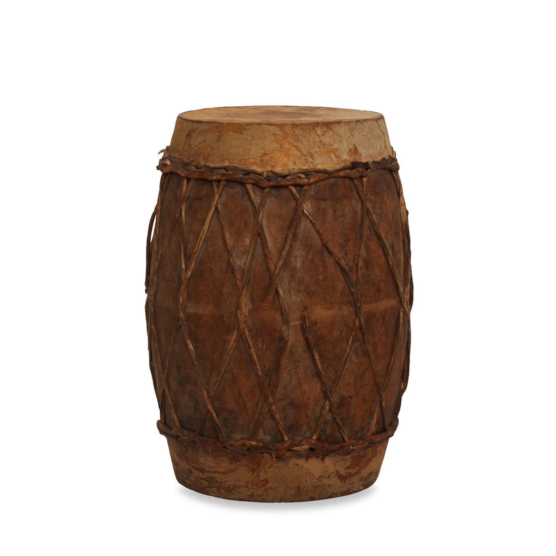 Vintage Burmese Drum Table: Title: Vintage Burmese Drum Table Description: The Vintage Burmese Drum Table is a striking fusion of cultural heritage and functional design. Crafted from solid wood and wrapped in hand-stretched nat