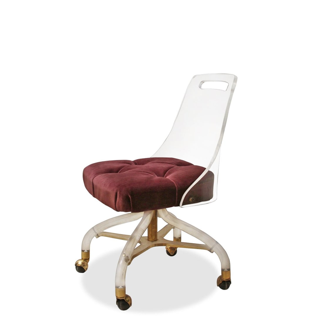 Vintage MCM Hill MFG Lucite and Brass Slipper Chair with Wheels Attributed to Charles Hollis Jones: Title: Vintage MCM Hill MFG Lucite and Brass Slipper Chair with Wheels Attributed to Charles Hollis Jones Description: Indulge in mid-century magnificence with this Vintage MCM Hill MFG Lucite and Bra