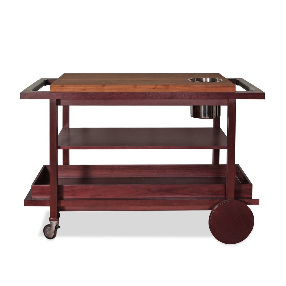 Contemporary Custom Made Bar Cart with Leather Handles: Title: Contemporary Custom Made Bar Cart with Leather Handles Description: This Custom-made Bar cart is an example of handsome and functional furniture. It features supporting wooden shelves that crea