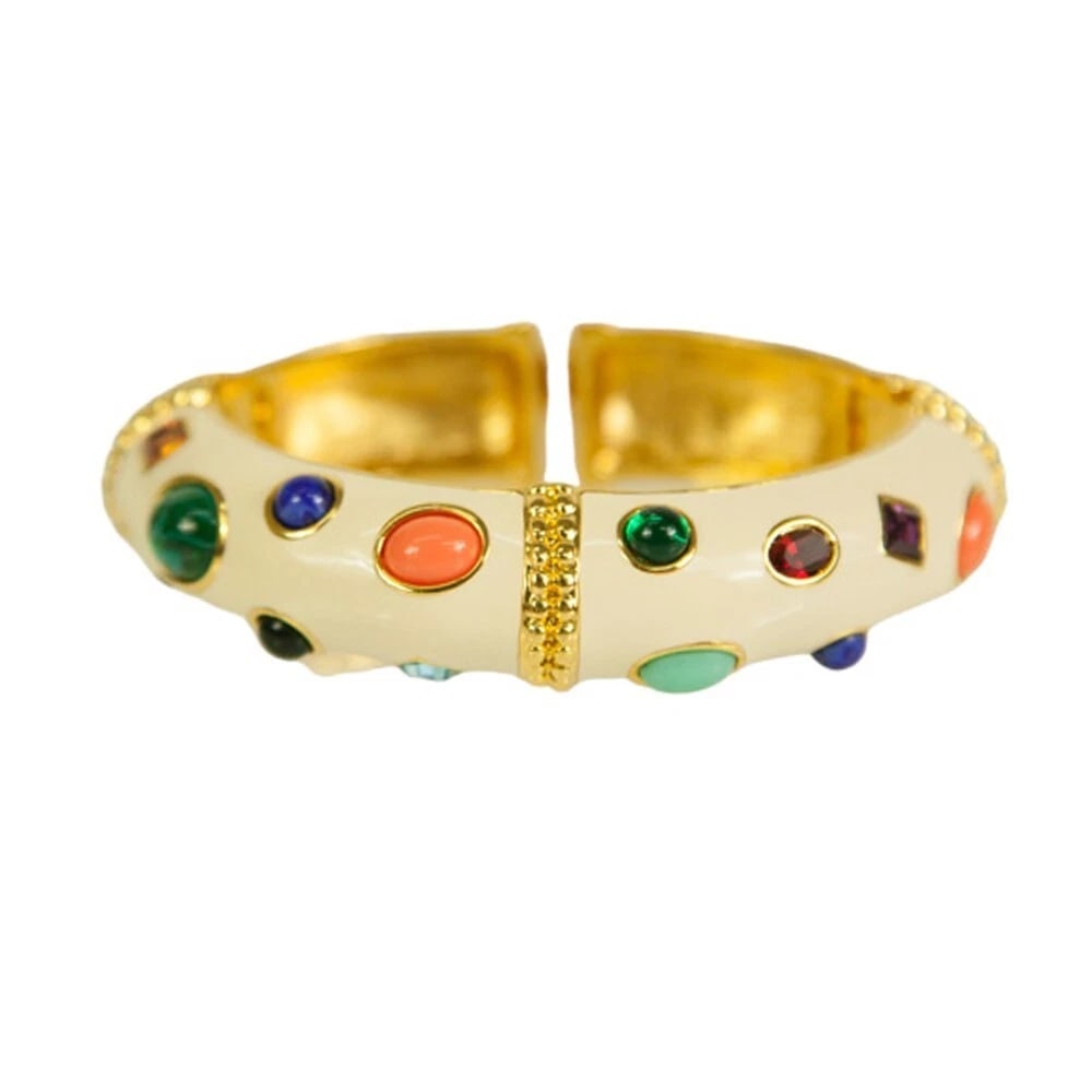 KENNETH JAY LANE Enamel Cuff Bracelet in Off White with multi color cabochons: Title:KENNETH JAY LANE Enamel Cuff Bracelet in Off White with multi color cabochons Description:Hermes Hapi double wrap etoupe leather bracelet with gold tone hardware Large KENNETH JAY LANE Enamel Cu