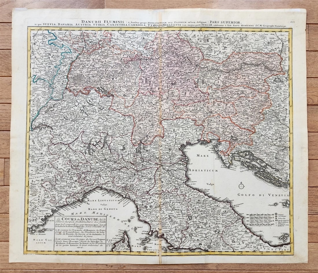 1720 NORTHERN ITALY antique MAP by JOHANN HOMANN AUTHENTIC: Title: 1720 NORTHERN ITALY antique MAP by JOHANN HOMANN AUTHENTIC Description: Johann Baptista Homann Germany, ca. 1664–1724 ITALY Danubii Fluminus (a fontibus prope Doneschingam usq Posonium ur