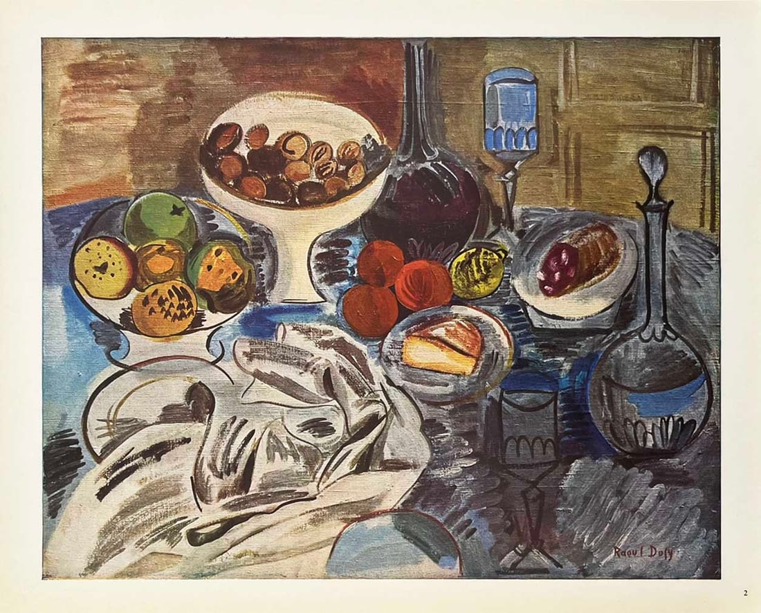 Dufy Colorplate 2 Still life (After): Title: Dufy Colorplate 2 Still life (After) Artist: Dufy, Skira portfolio Description: Title: Still life Artist: Raoul Dufy (After) Country: France Medium: Colorplate 2 Marks: Signed in plate, not num