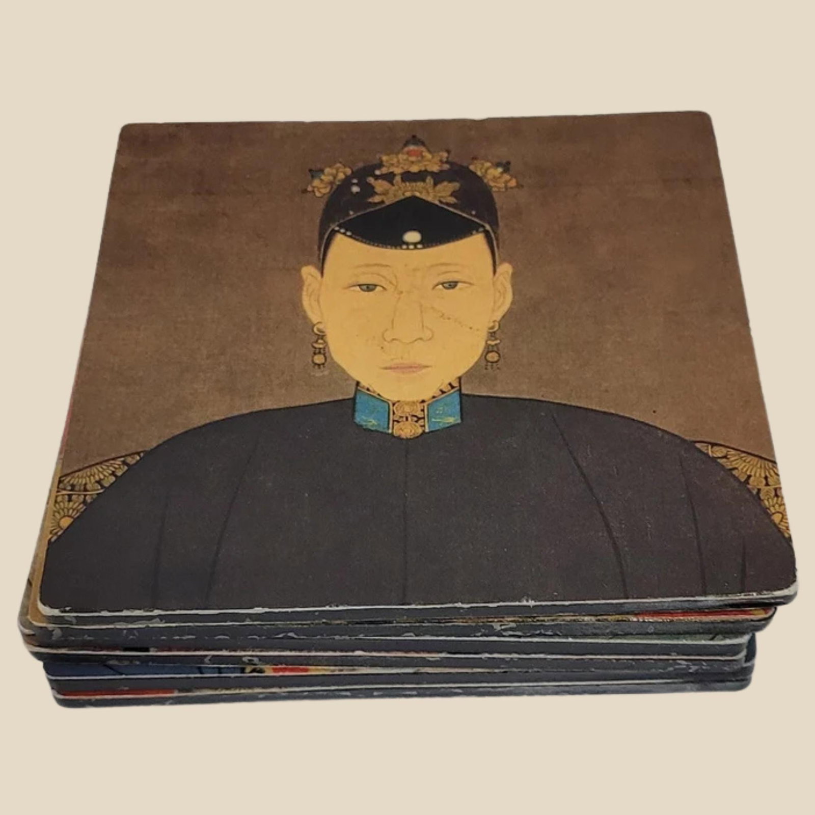 Antique Asian Small Portraits Coasters Set Imperial Art Drink Mats Chinoiserie Decor: Vintage from the 1920s Materials: Paper, wood Width: 4 inches Height: 4 inches Set of 6 vintage Chinese coasters featuring printed imperial ancestor portraits in traditional Qing Dynasty style. These