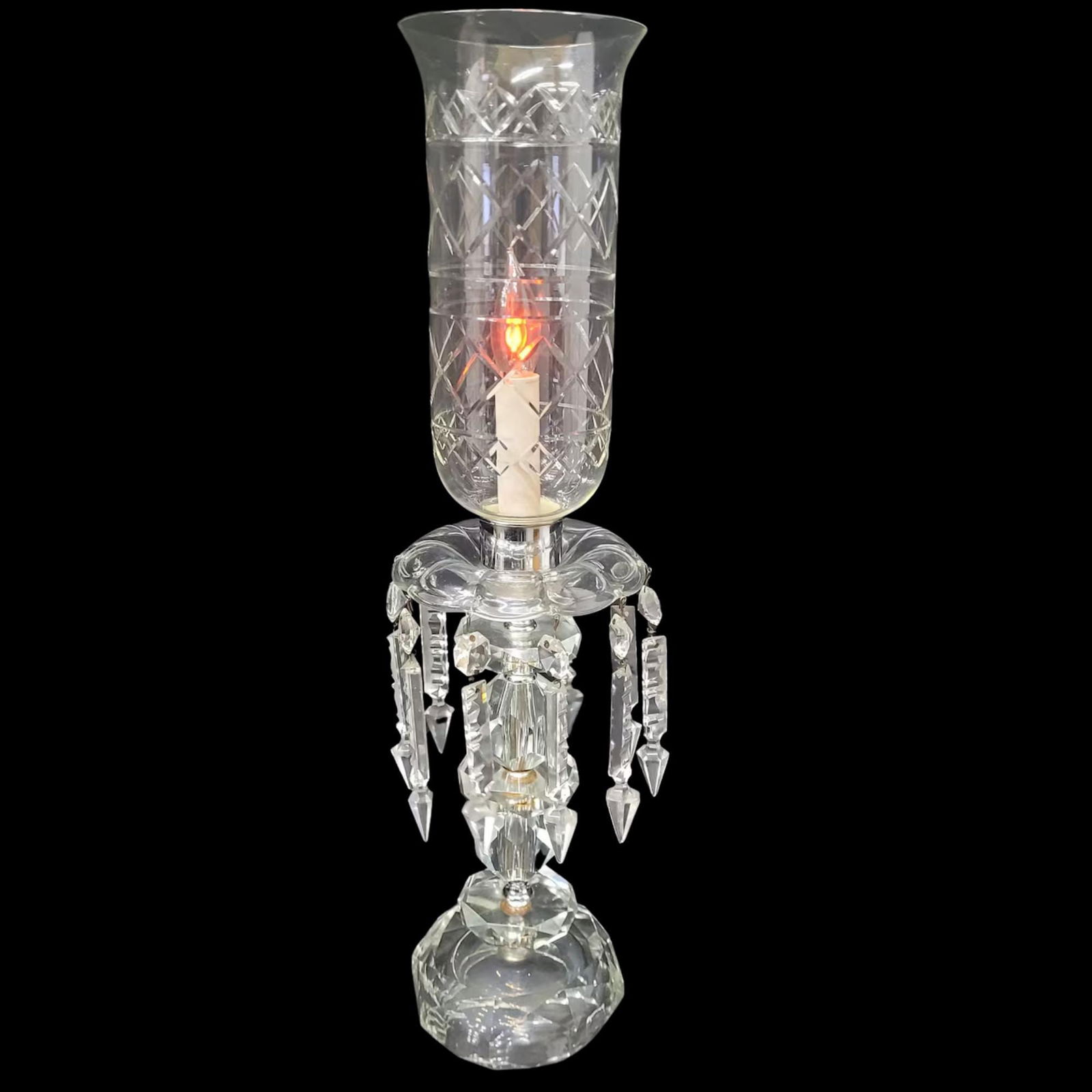 Vintage Crystal Candle Stick Lamp Glass Prisms Table Light Victorian Vanity Dresser Shabby Chic: Vintage from the 1960s Materials: Glass Width: 5.5 inches Height: 22 inches Depth: 5.5 inches This elegant vintage crystal Candle Stick lamp dazzles with hanging icicle prisms and a tall etched cut-gl