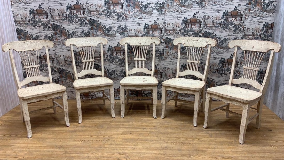 Vintage Farmhouse Style Distressed Dining Chairs - Set of 5: Vintage Farmhouse Style Distressed Dining Chairs - Set of 5 Featuring five vintage farmhouse style distressed dining chairs, designed to bring a rustic charm to any home. Crafted with durable material