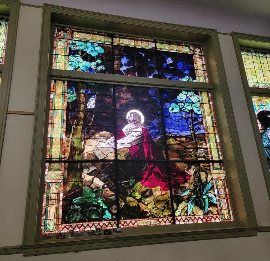 Antique Monumental Tiffany Style 2 Section Gethsemane Salvaged Stained Glass Window: Antique Monumental Tiffany Style 2 Section Gethsemane Salvaged Chicago Church Stained Glass Window Circa Late 1800’s Dimensions 11.5 Feet x 14 Feet Reserve: $10,937.00 Shipping: Domestic: Shippi
