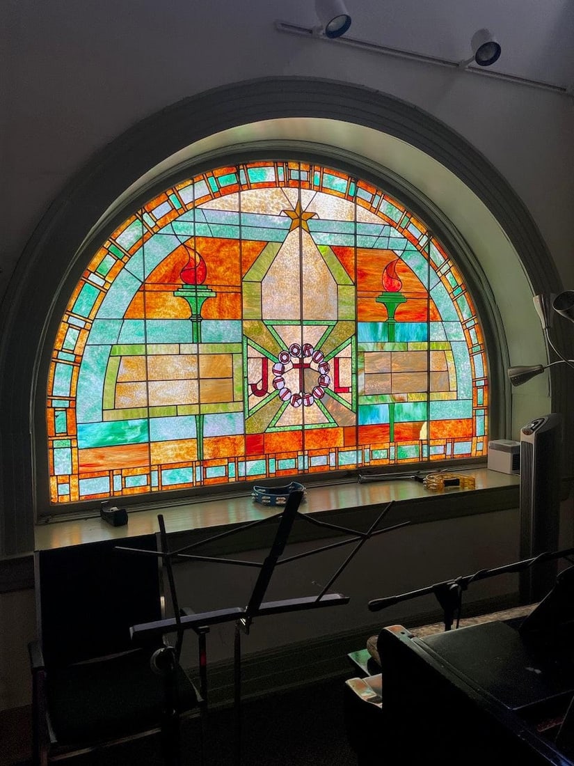 Antique Tiffany Style J L Inscribed Salvaged Stained Glass Arch Semi Circle Window: Antique Tiffany Style J L Inscribed Chicago Church Salvage Stained Glass Arch Semi Circle Window Circa Early 1900’s Dimensions 102” x 66” Reserve: $4,350.00 Shipping: Domestic: Shipp