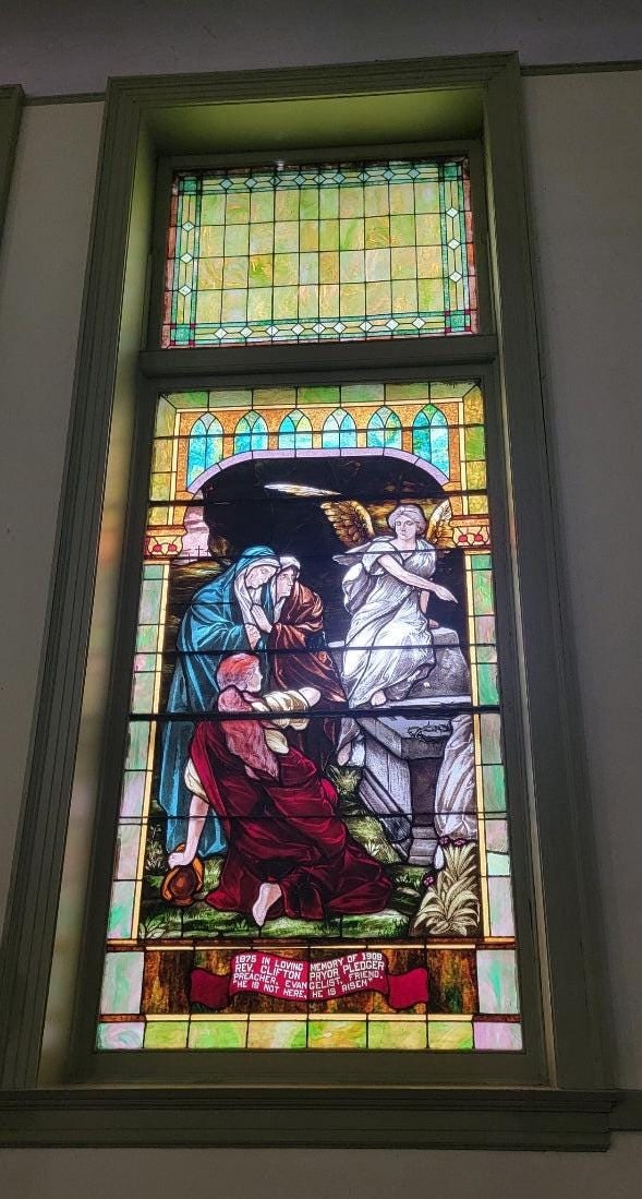Antique Monumental Tiffany Style Salvaged "Easter" Stained Glass Window: Antique Monumental Tiffany Style Salvaged Chicago Church "Easter" Stained Glass Window Circa Early 1900’s Dimensions 5 FT x 10 FT ***Upper Transom Window sold separately. Reserve: $5,100.00 Ship