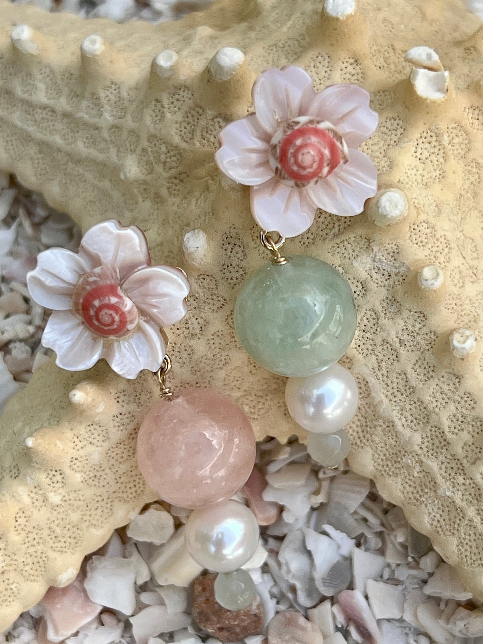 14-Karat Beryl Drop Earrings with Moonstone: Title:14-Karat Beryl Drop Earrings with Moonstone Description:Prezioso! Sweetest little pair of pink and blue Beryl, pearl and Moonstone earrings with carved Gold Mother-of-Pearl tops set with special