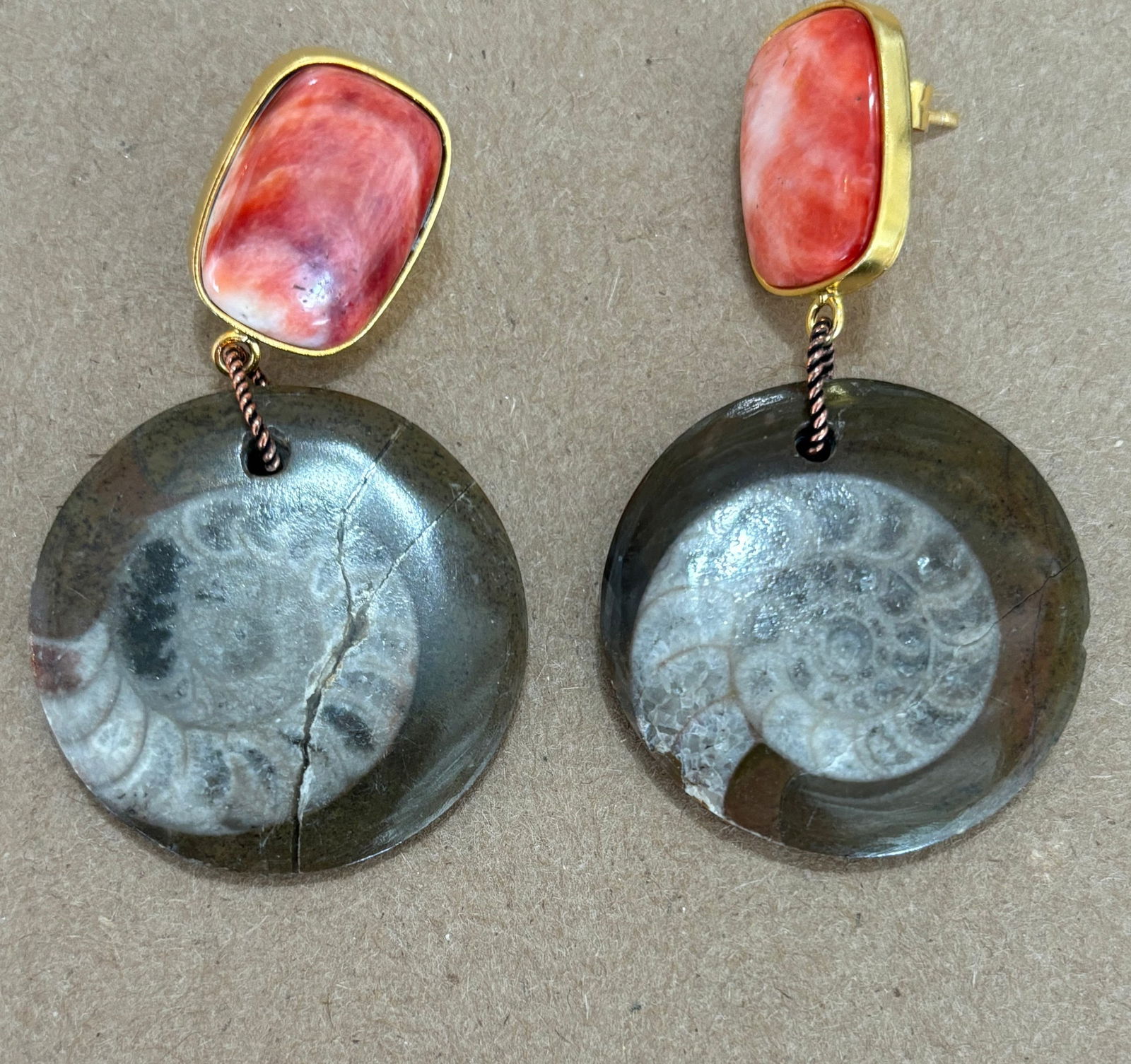 Fossil Shell & Spondilius Earrings: Title:Fossil Shell & Spondilius Earrings Description:Spondilius in these earring tops are a great color. Added some stong-looking fossils to make a perfect pair of earrings for business or pleasure. S