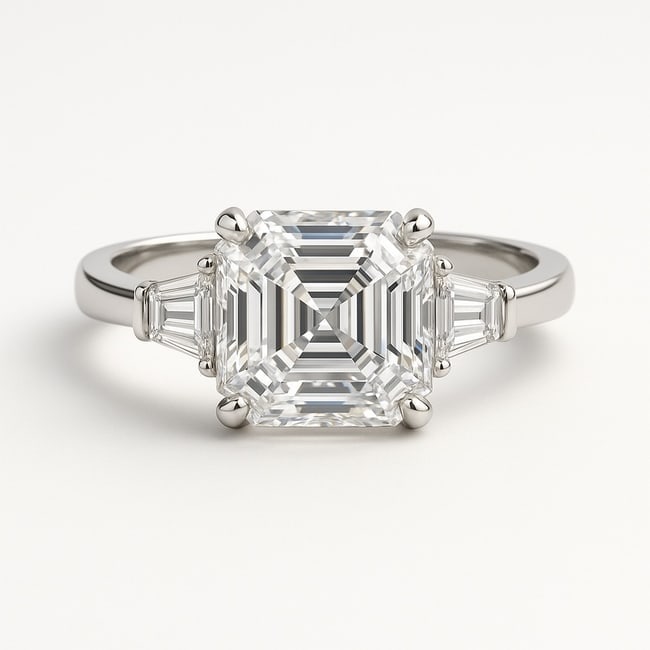 3.00 Ct Lab-Grown Asscher Cut Diamond Three-Stone (Tapered Baguette Sides) Ring in 14K White Gold (1 of 1)