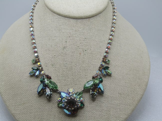 Vintage Rhinestone Floral Necklace, 17", Aurora Borealis, Tiered, 1980's-1990's: Vintage Rhinestone Floral Necklace, 17", Aurora Borealis, Tiered, 1980's-1990's. A more modern design of the older style all rhinestone necklaces. The center has marquise and round stones in a variety