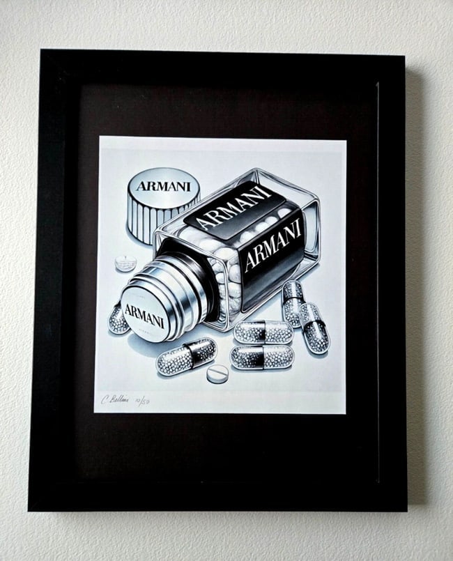 Chiara Bellini + " ARMANI Comfort Pills" Original Hand Signed PrintCOA: DescriptionARMANI Comfort Pills by Chiara BelliniSeries: Shopping TherapyArtist: Chiara BelliniTitle: Chanel Comfort PillsEdition: Limited edition of 50Size: 15x12in FramedMedium: Giclée print on hig