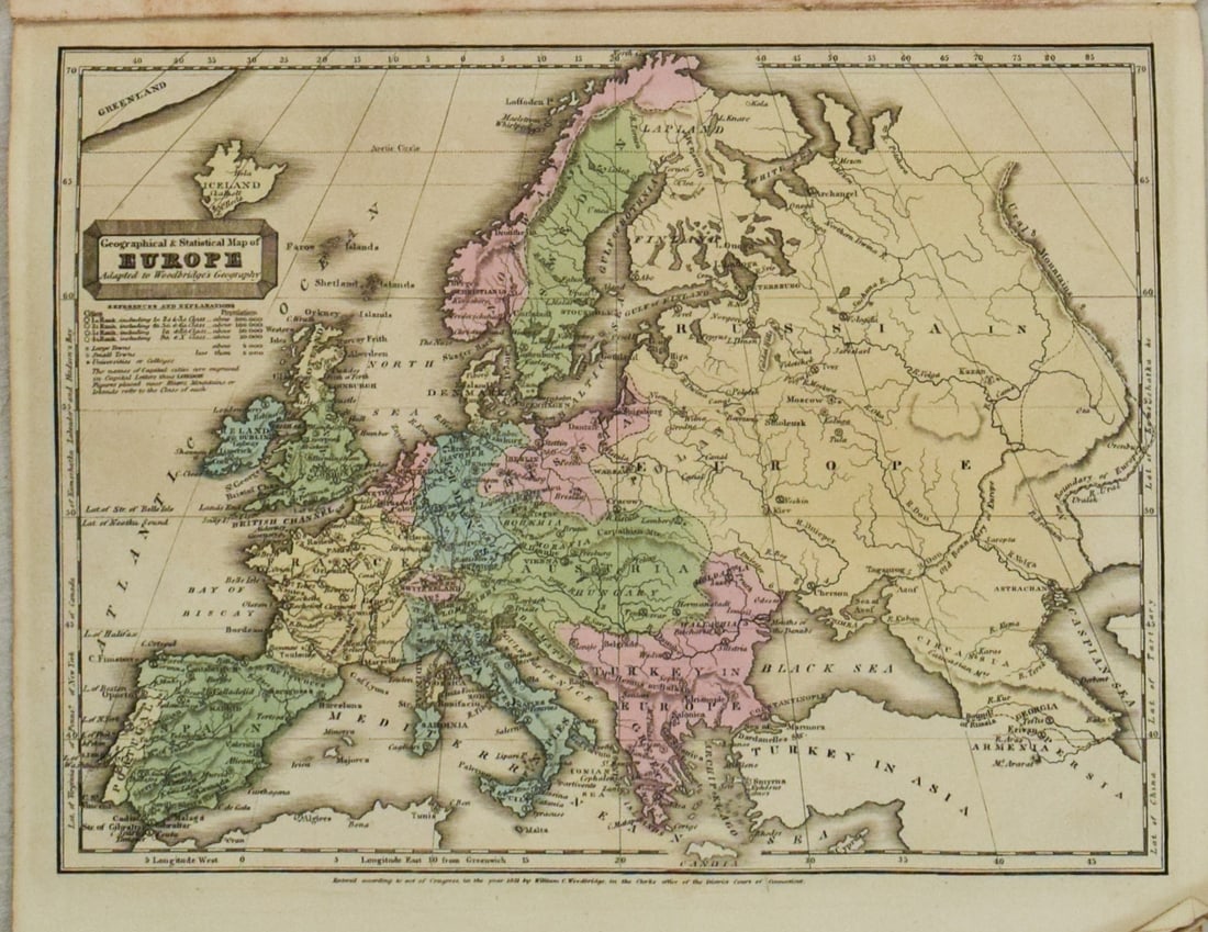 1831 Woodbridge Map of Europe -- Geographical & Statistical Map of Europe: Title:1831 Woodbridge Map of Europe -- Geographical & Statistical Map of Europe,li>Cartographer:W. Woodbridge Year / Place1831, Hartford Map Dimension (in.):8.2 X 10.8 in. Description:This is a very n
