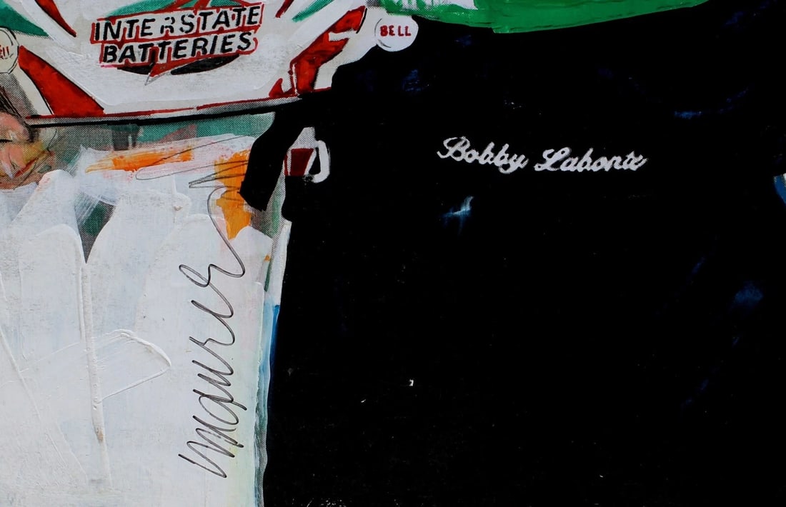 SID MAURER Bobby Labonte Signed Mixed Media Digital Print on board from UCLA: SID MAURER (1926-2017). Bobby Labonte (famous race car driver) , 34" x 28" MIXED MEDIA DIGITAL PRINT with some collage and paint on wood board, signed lower left side in marker. Unframed. DEACESSIONED