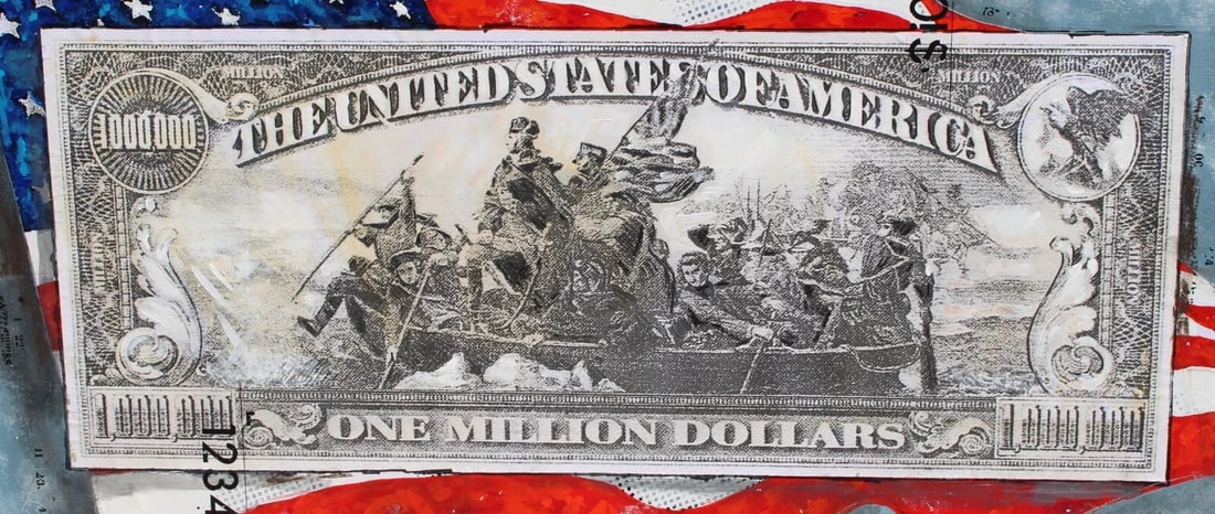 SID MAURER Million Dollar Bill Signed Mixed Media Digital Print board from UCLA: SID MAURER (1926-2017). Million Dollar Bill, 20" x 40" MIXED MEDIA DIGITAL PRINT with collage and paint on wood board, signed on the left side in marker. Unframed. DEACESSIONED FROM UCLA. We note that