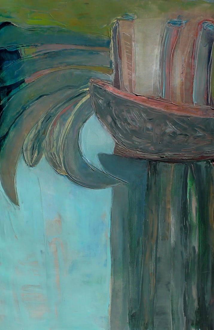 NINA BEATY New York Modernist Corinthian Painting 48" x 32" oil on linen 1984: NINA BEATY (New York Modernist) CORINTHIAN PAINTING, 1984, oil painting on linen, signed and dated and titled on verso, 48 x 32". Provenance: Diana Zlotnick Collection. Unframed. Fedex has raised the