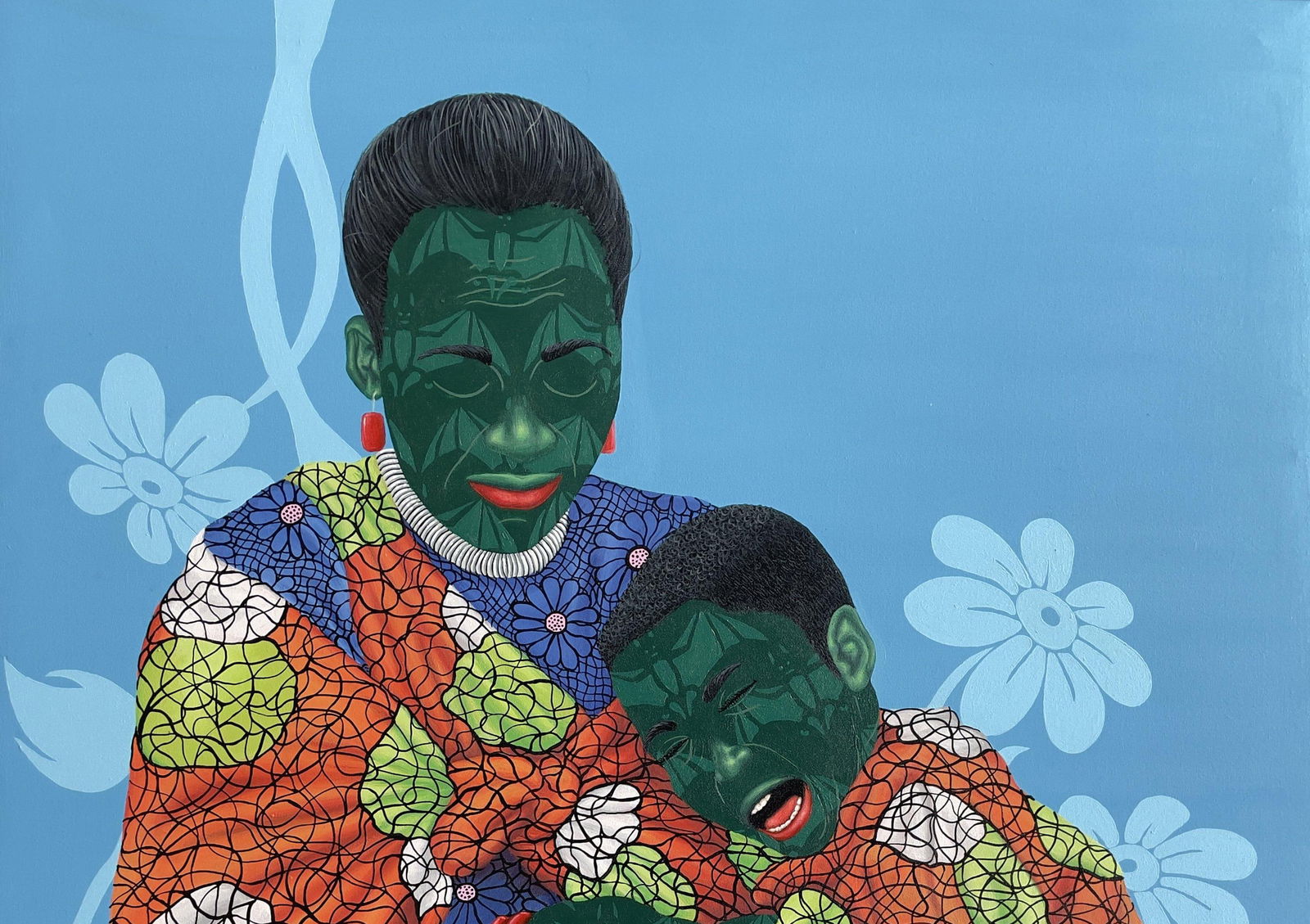 Oluwafemi Afolabi, Prayerful Embrace - 21st Century, Contemporary, Figurative, Women, Child, Fabric,: Creator: Oluwafemi Afolabi (1992, Nigerian) Creation Year: 2024 Dimensions: Height: 48 in (121.92 cm)Width: 36 in (91.44 cm)Depth: 1 in (2.54 cm) Medium: Canvas,Acrylic Movement & Style: Contemporary