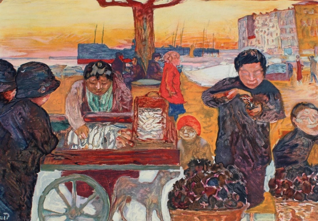 PIERRE BONNARD Color Lithograph on Rives Paper Asian Fish Vendors 259/300: Pierre Bonnard (1867-1947). Asian Fish Vendors, color lithograph on Rives paper, numbered 259/300 in pencil, published by Maeght Editeur, image sight size: 17" x 24", sheet 22 ?" x 30". Unframed. Ship