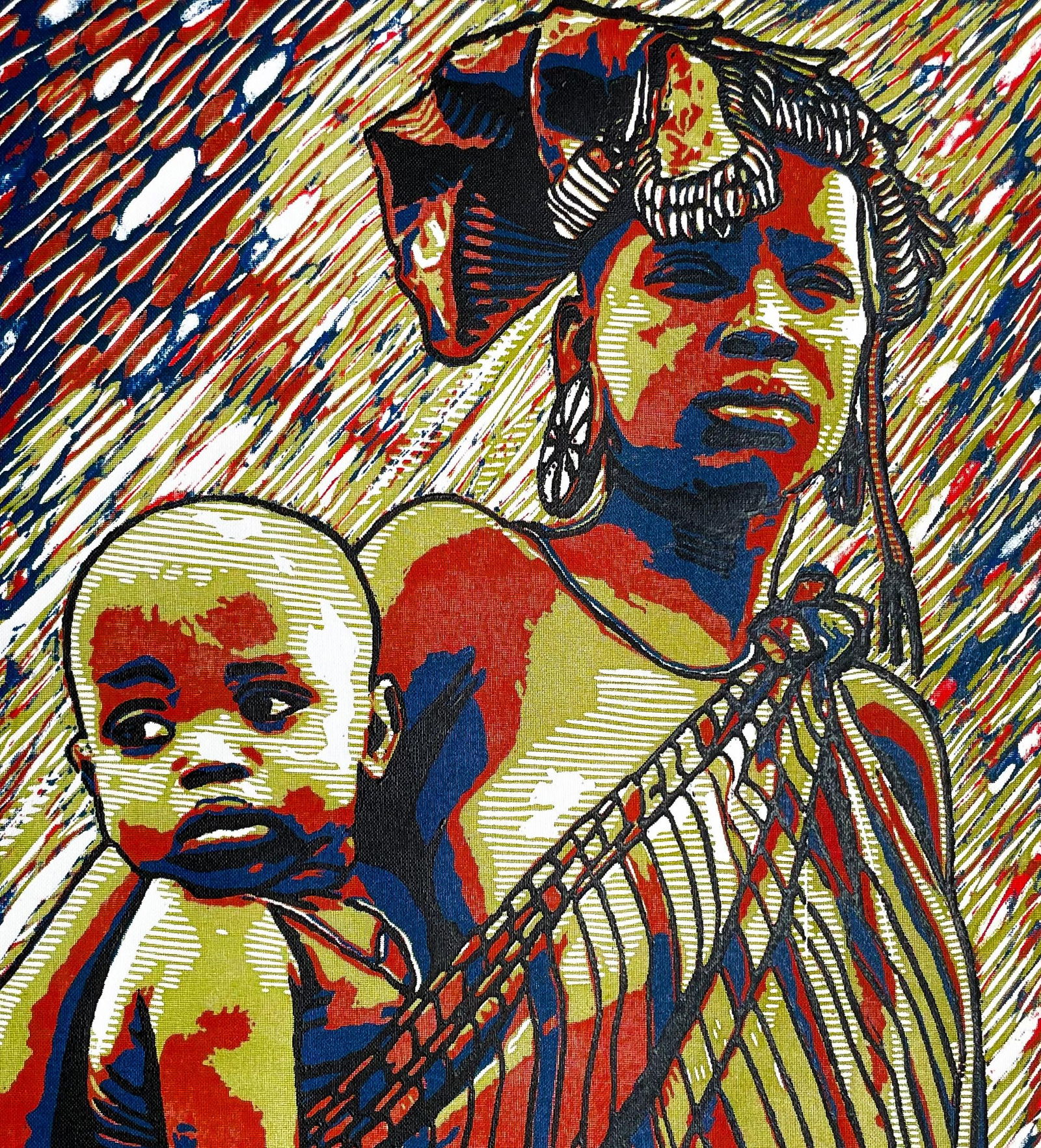 Tosin Oyeniyi , Wura (Sweet Mother) - 21st Century, Contemporary, Figurative, Africa, Chhild, 2024: Creator: Tosin Oyeniyi (1987, Nigerian) Creation Year: 2024 Dimensions: Height: 34 in (86.36 cm)Width: 26 in (66.04 cm)Depth: 1 in (2.54 cm) Medium: Canvas,Linen,Ink,Linocut Movement & Style: Old Mast