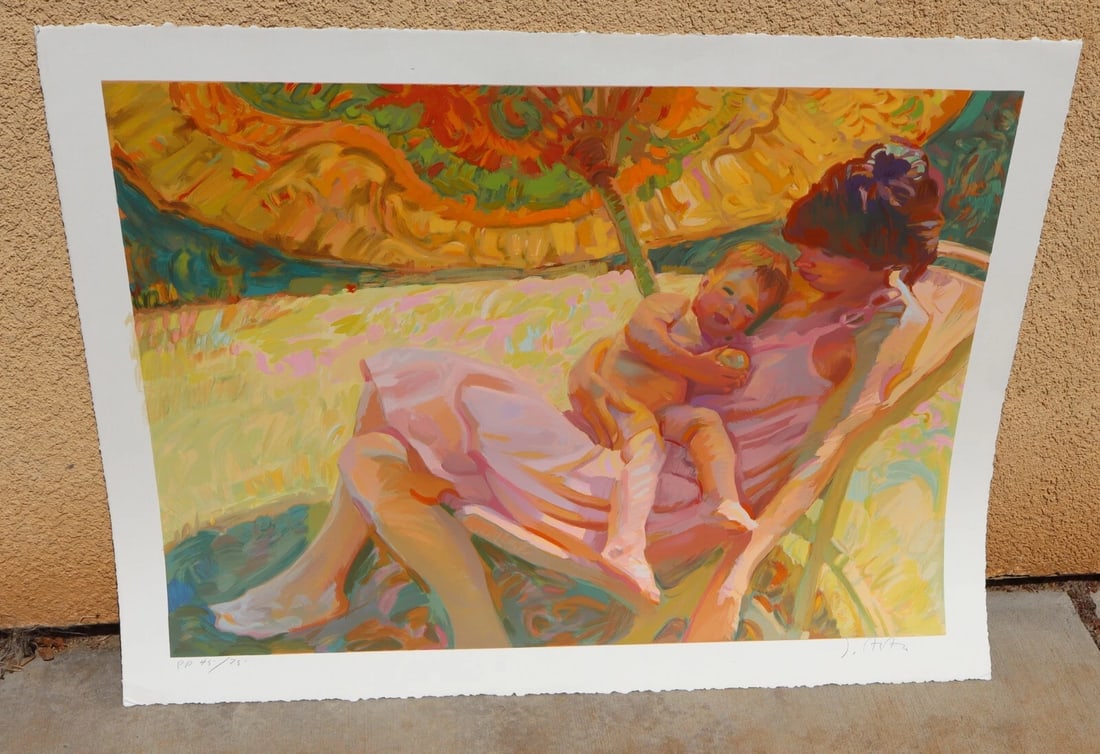 JOHN ASARO Printer's Proof Serigraph Ed of 75 CHINESE UMBRELLA was $750: JOHN ASARO (1937-). Printer's Proof Edition of 75. Chinese Umbrella, 26" x 35" image size (margin size: 30-1/4" x 39-1/4") numbered lower left: PP 45/75 and signed lower right. Unframed. Was $750. See