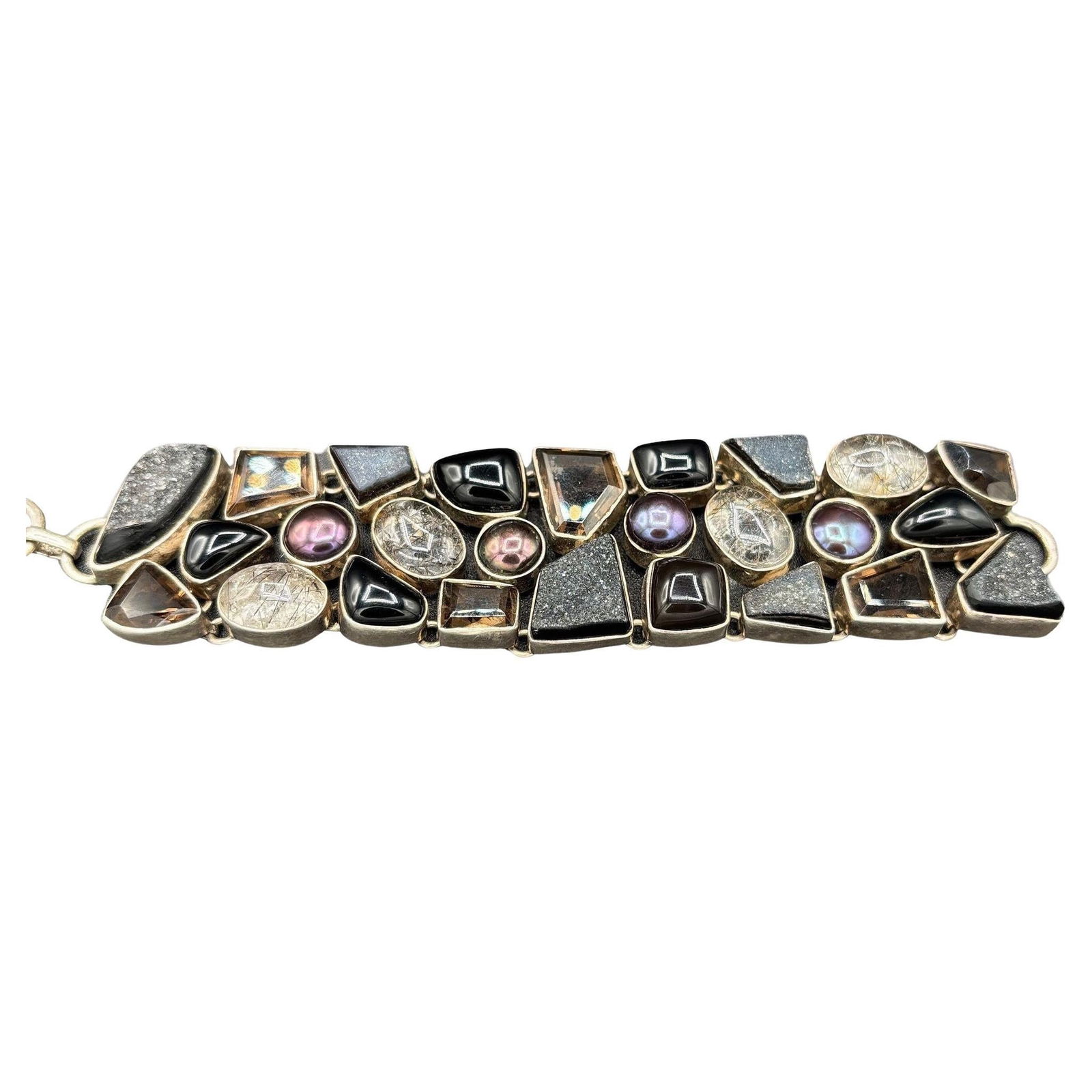 Organic Design Sterling Silver Mosaic Bracelet w/ Quartz, Ametrine, & Onyx: Title: Organic Design Sterling Silver Mosaic Bracelet w/ Quartz, Ametrine, & Onyx Description: Stunning Sterling Silver Quartz Bracelet. Elevate your collection with this bold, one-of-a-kind sterling