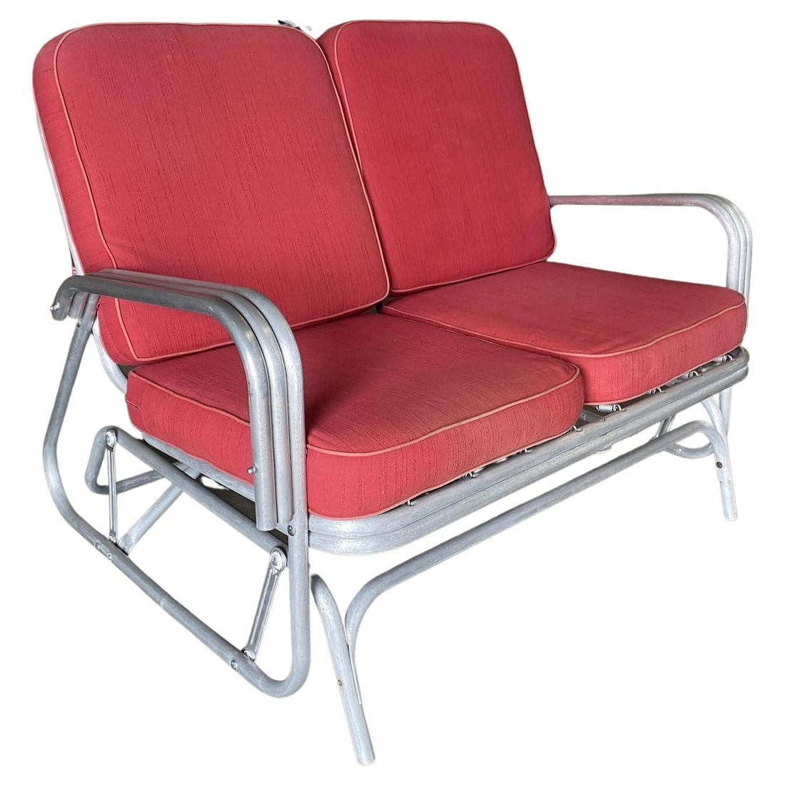 Aluminum Patio/Outdoor Sled Base Rocking Slinder Loveseat Sofa: Title: Aluminum Patio/Outdoor Sled Base Rocking Slinder Loveseat Sofa Description: Post-war outdoor patio aluminum Slider Settee With double Poles Armrest. This Mid-century patio/outdoor settee consis