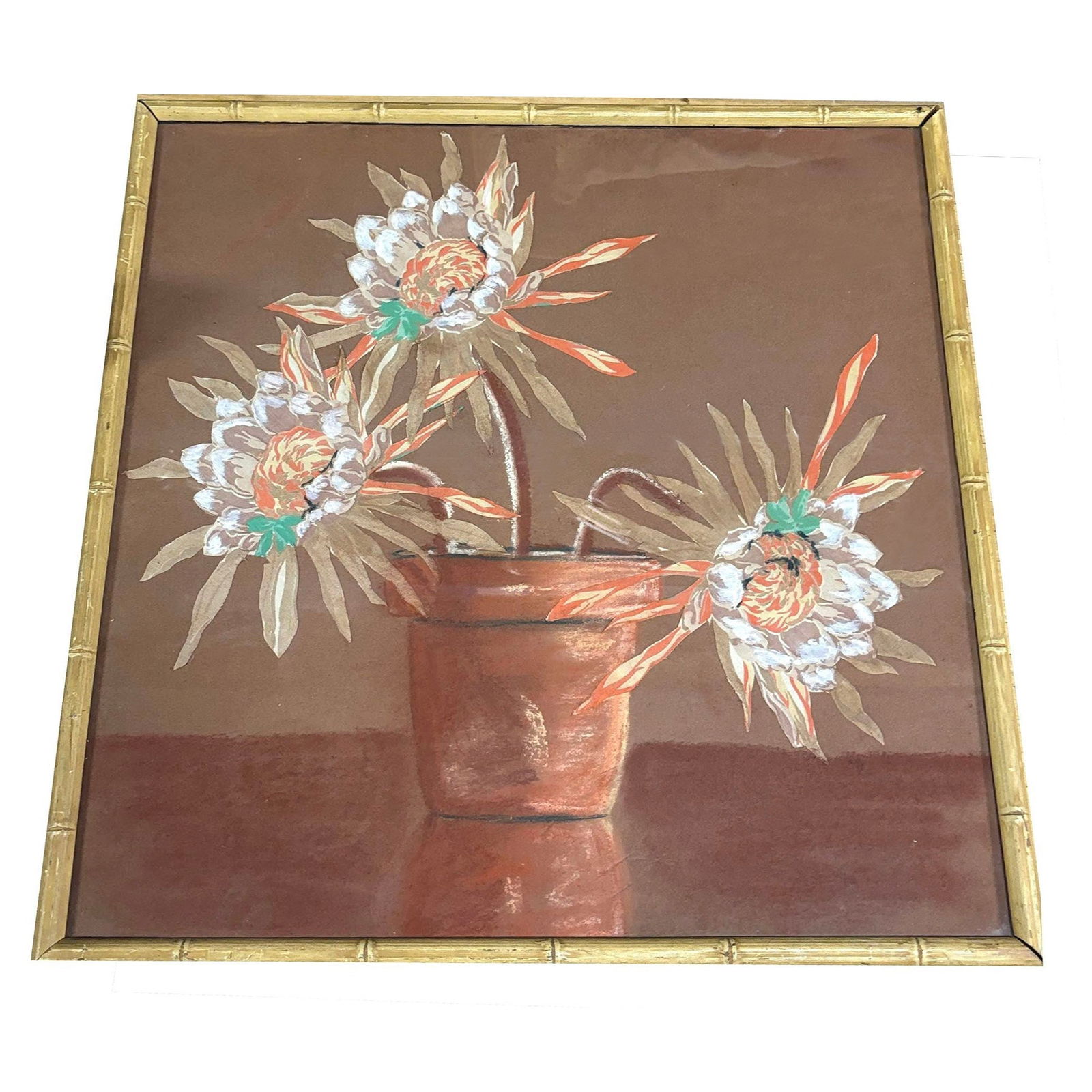 1970s Cereus Flower Fabric Art Painting Framed, Unisgned: Title: 1970s Cereus Flower Fabric Art Painting Framed, Unisgned Description: This unique artwork features a Cereus flower in a pot, crafted through a creative collage of layered fabric and paint. The
