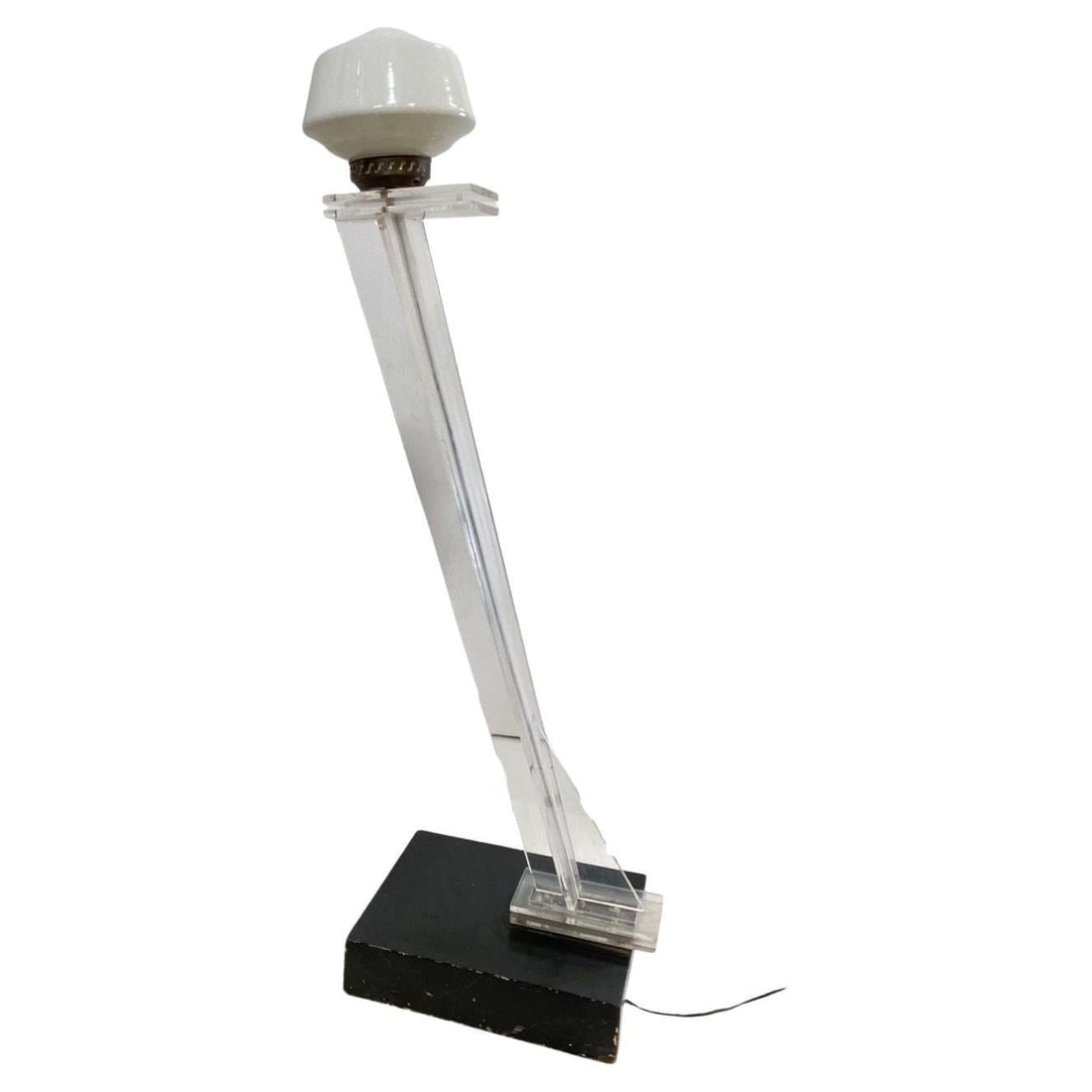 Mid Century Clear Lucite Sculptural Floor Lamp: Title: Mid Century Clear Lucite Sculptural Floor Lamp Description: Hand-made abstract Mid-century floor lamp featuring a slanted clear Lucite sculptural fixed to a black lacquered wood base with a whi