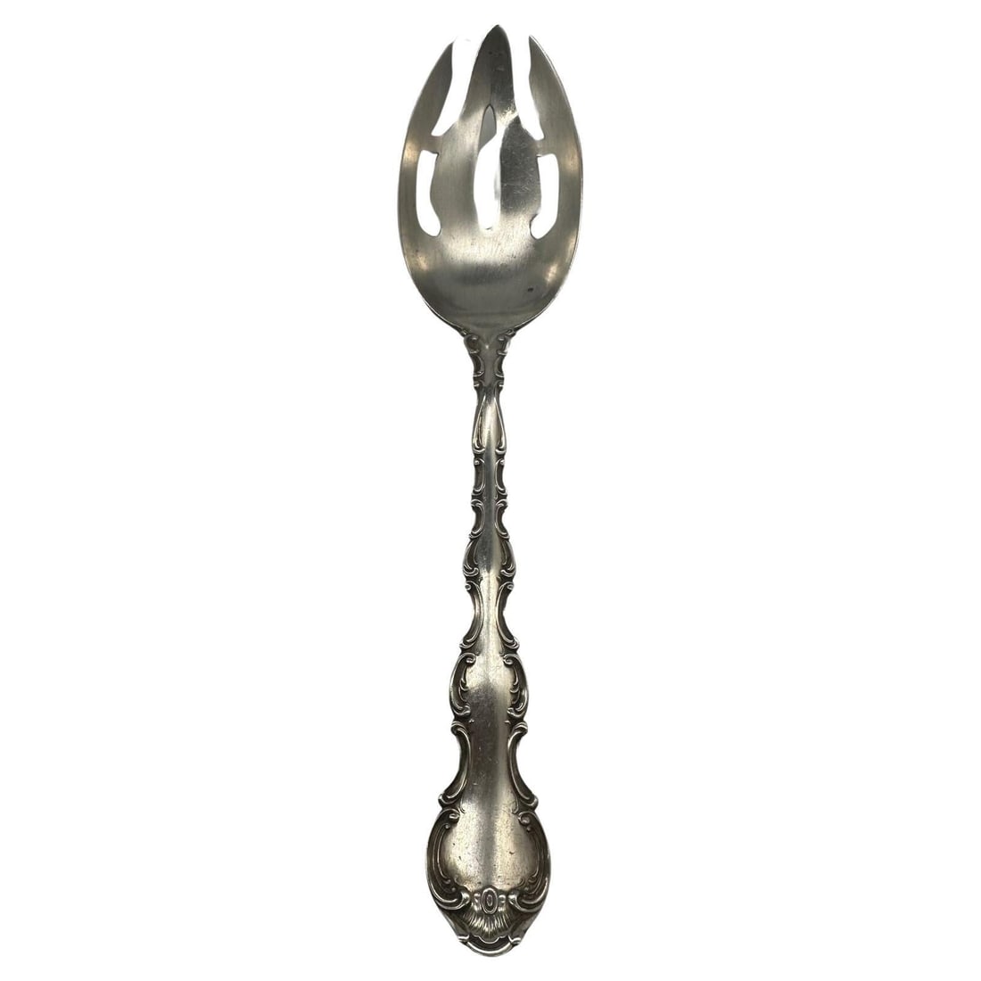 Strasbourg Gorham Sterling Silver Serving Spoon w/ Pierced Bowl & Tines: Title: Strasbourg Gorham Sterling Silver Serving Spoon w/ Pierced Bowl & Tines Description: The gracefully arched handles of this exquisite pattern are adorned with intricate scrollwork, drawing inspi