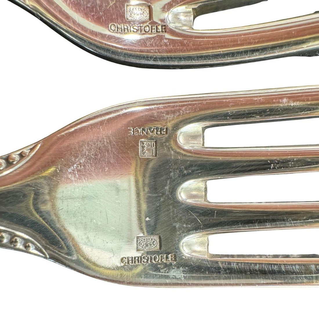 Christofle French Sterling Silver 6 Piece Dinnerware Set: Title: Christofle French Sterling Silver 6 Piece Dinnerware Set Description: This vintage Christofle silverplate flatware set, stamped with the classic OC Christofle hallmark and FRANCE, dates to the