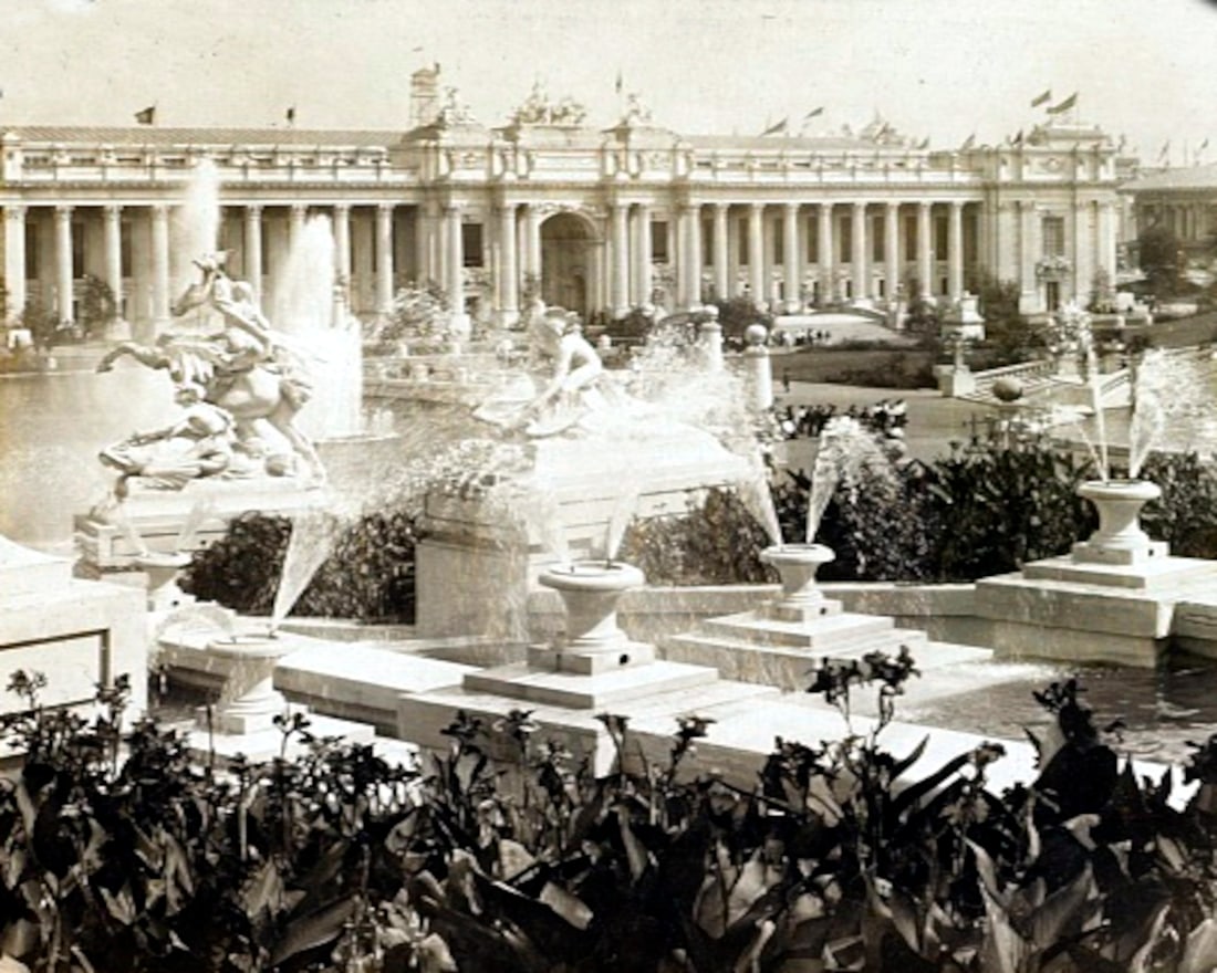 1904, Beautiful fountains and gardens of the exposition, looking across to Palace of Education and: Title: 1904, Beautiful fountains and gardens of the exposition, looking across to Palace of Education and Social Economy, Louisiana Purchase Exposition, St. Louis. Artist/Source: H.C. WHITE Original D