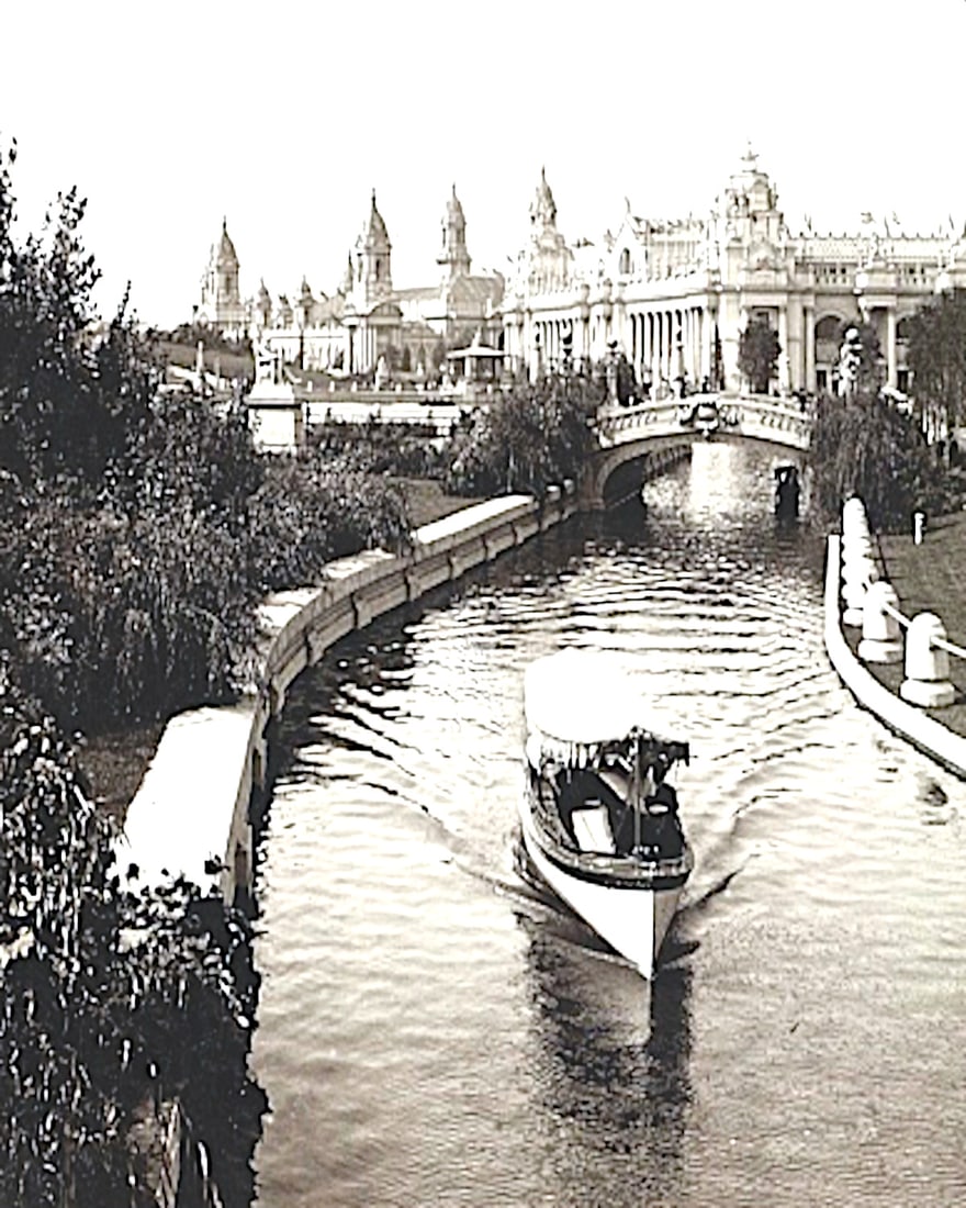 1904, Charming south lagoon along Cascade Gardens, Electricity and Machinery Buildings in distance,: Title: 1904, Charming south lagoon along Cascade Gardens, Electricity and Machinery Buildings in distance, Louisiana Puchase Exposition, St. Louis. Artist/Source: H.C. WHITE Original Date: SEE TITLE D
