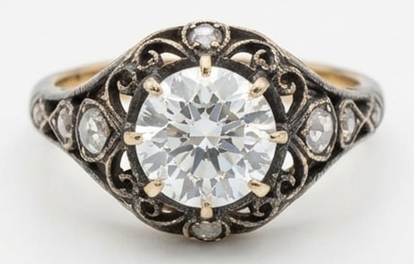 Lab Grown 3.00 Ct Round Brilliant Diamond Ring – Antique Victorian Filigree (Two-Tone) –: Title: Lab Grown 3.00 Ct Round Brilliant Diamond Ring – Antique Victorian Filigree (Two-Tone) – Oxidized Silver / in 14K Yellow Gold Description: Classic with a contemporary edge, this ring spotli