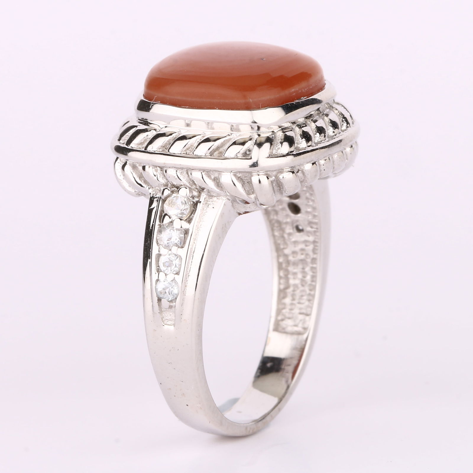 Ring: Peach Moonstone CAB Cushion 11.00mm: Title: Ring: Peach Moonstone CAB Cushion 11.00mm Description: Peach Moonstone CAB Cushion 11.00mm - 1Pc + White Topaz Round 1.50mm - 4Pcs + White Topaz Round 1.80mm - 2Pcs + White Topaz Round 2.00mm -