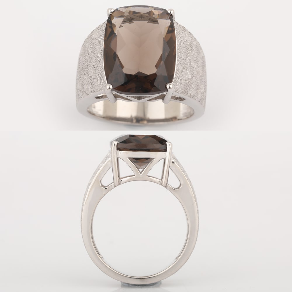 Ring: Smoky Quartz Cushion 16x12mm: Title: Ring: Smoky Quartz Cushion 16x12mm Description: Smoky Quartz Cushion 16x12mm - 1Pcs Date/Period: After 2000 Materials: 925 Silver W/Rhodium Gross Weight: 8.57 Gem Weight: 9.6 Dia Weight: Metal