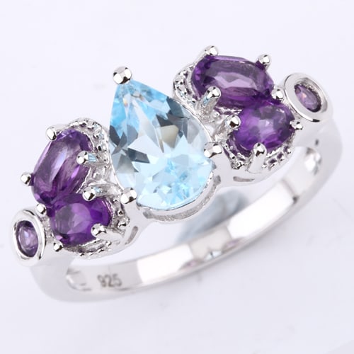 Ring: Blue Topaz Pears 9x6mm: Title: Ring: Blue Topaz Pears 9x6mm Description: Blue Topaz Pears 9x6mm - 1Pcs + African Amethyst Oval 5x3mm - 2Pcs + African Amethyst Oval 4x3mm - 2Pcs + African Amethyst Round 2.30mm - 2Pcs Date/Per