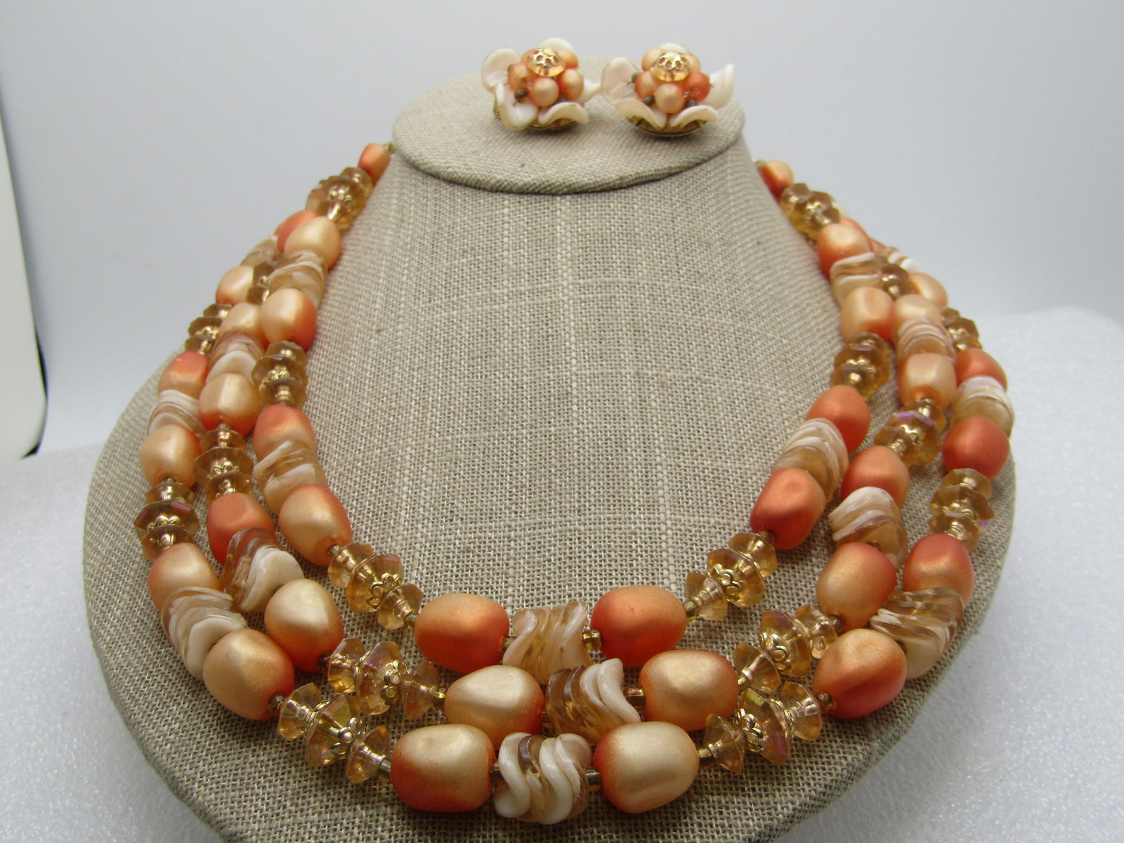 Vintage Peach Beaded Triple Strand Necklace & Earrings, Hong Kong, 1950's, 18": Vintage Peach Beaded Triple Strand Necklace & Earrings, Hong Kong, 1950's, 18", The beads are shades of peach with a nugget looks - pearly plastic with savy clear tan and white beads and faceted diamo