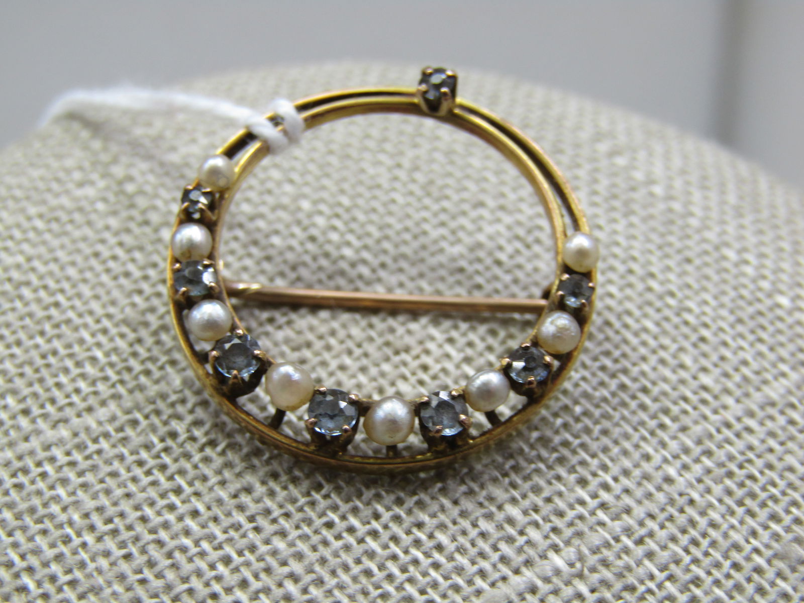 Victorian 10kt Blue Sapphire Pearl Circle Brooch, 7/8" Round. C-clasp (1 of 3)