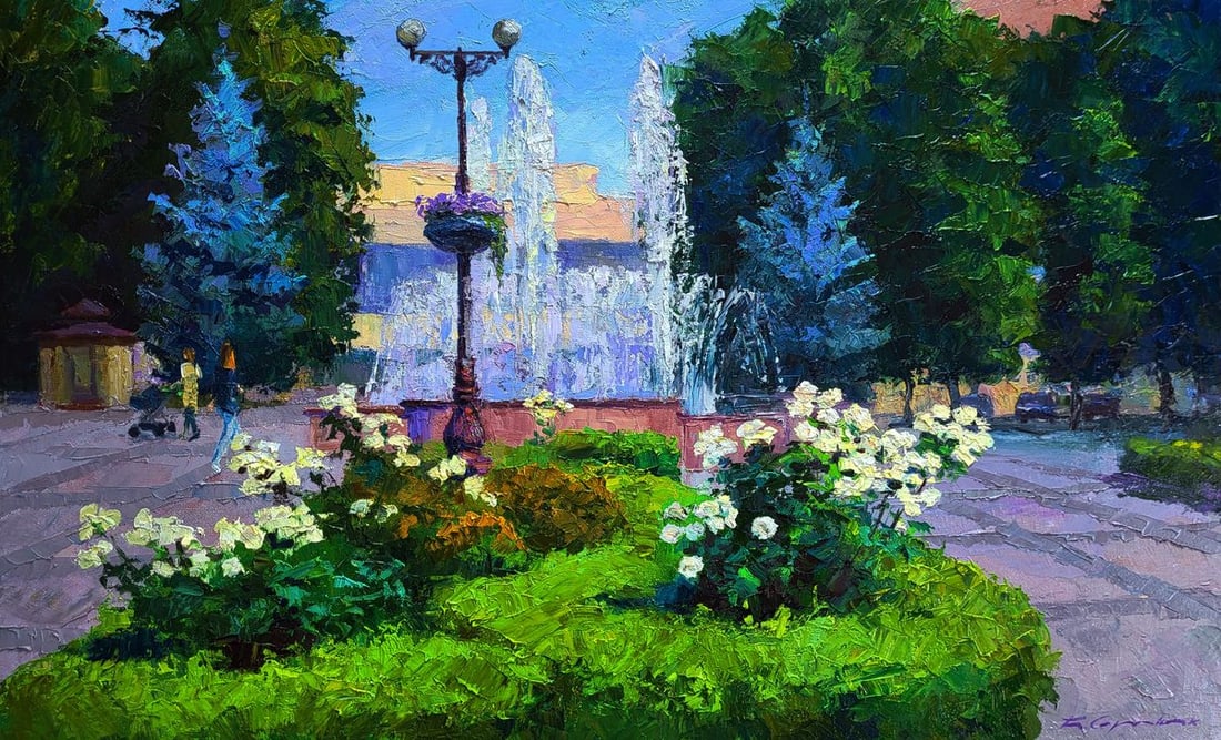 Oil painting City square with fountains Boris Serdyuk: Title: Oil painting City square with fountains Boris Serdyuk Description: NoSERB 1246*** ABOUT THIS PAINTING **** TITLE: "City square with fountains" * ARTISTS: Boris Serdyuk* SIZE: 55x90 cm/'21.65x35