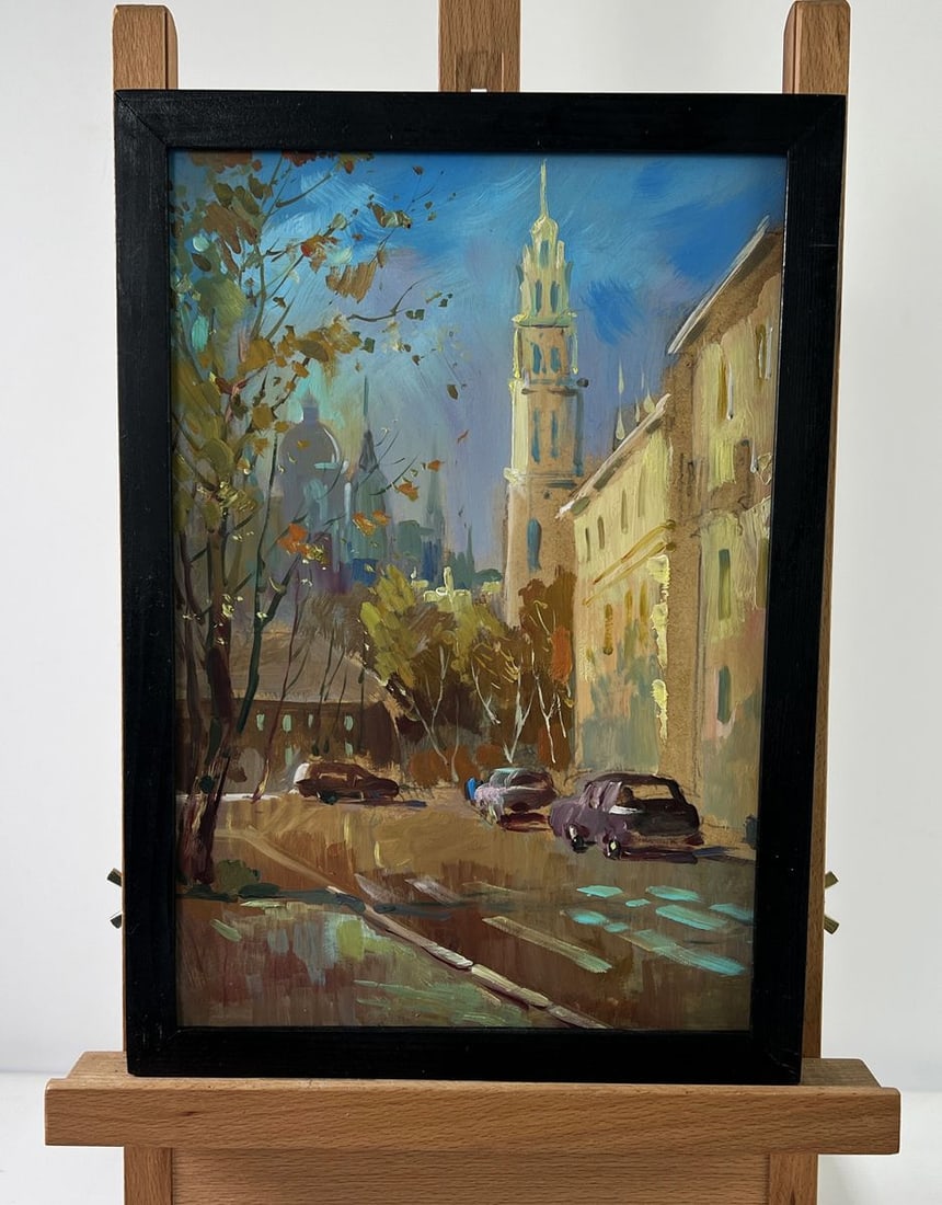 Oil painting Street in motion Yuriy Suprunchuk: Title: Oil painting Street in motion Yuriy Suprunchuk Description: NoAAA4986The oil painting on Cardboard titled "Street in motion" captures a vivid, emotionally resonant city scene that pulses with t