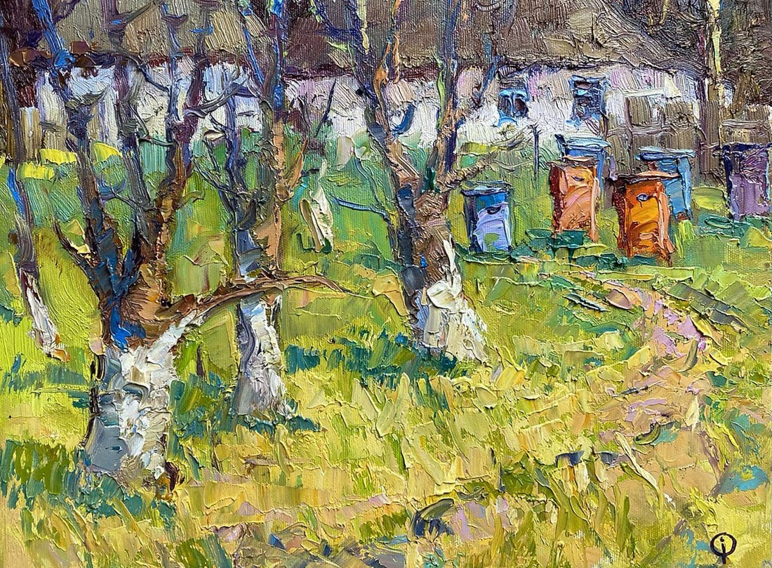 Oil painting Spring yard Oksana Kalenyuk: Title: Oil painting Spring yard Oksana Kalenyuk Description: NoKalen 1301"Spring Yard" is a vibrant oil painting that celebrates the rejuvenation of nature and the lively atmosphere of a yard awakenin